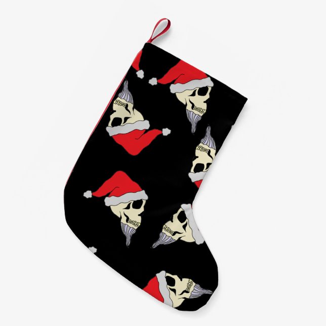 Black Christmas Stocking With Skulls In Santa Hats (Front (Hanging))