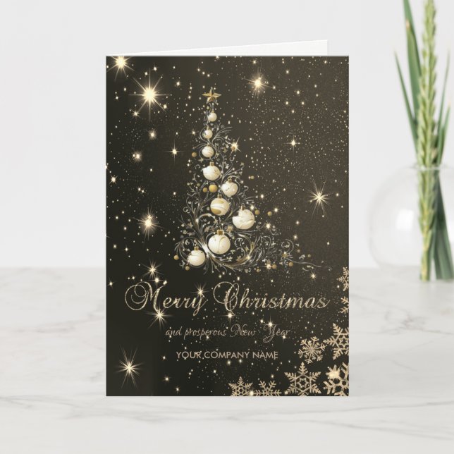 Black,Christmas Tree,Balls,Snowflakes Corporate Holiday Card (Front)