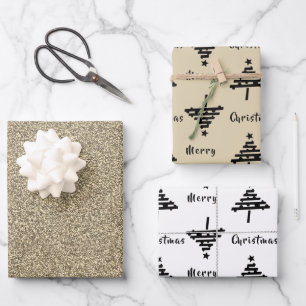 Black Christmas Tree Faux Gold Glitter Holiday Wrapping Paper Sheets
