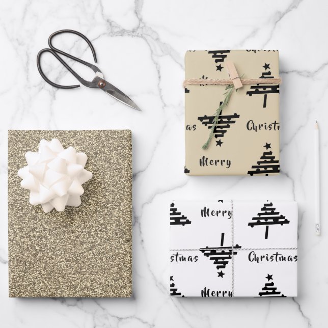 Black Christmas Tree Faux Gold Glitter Holiday Wrapping Paper Sheets (Front)