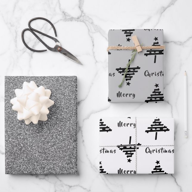 Black Christmas Tree Faux Silver Glitter Holiday Wrapping Paper Sheets (Front)