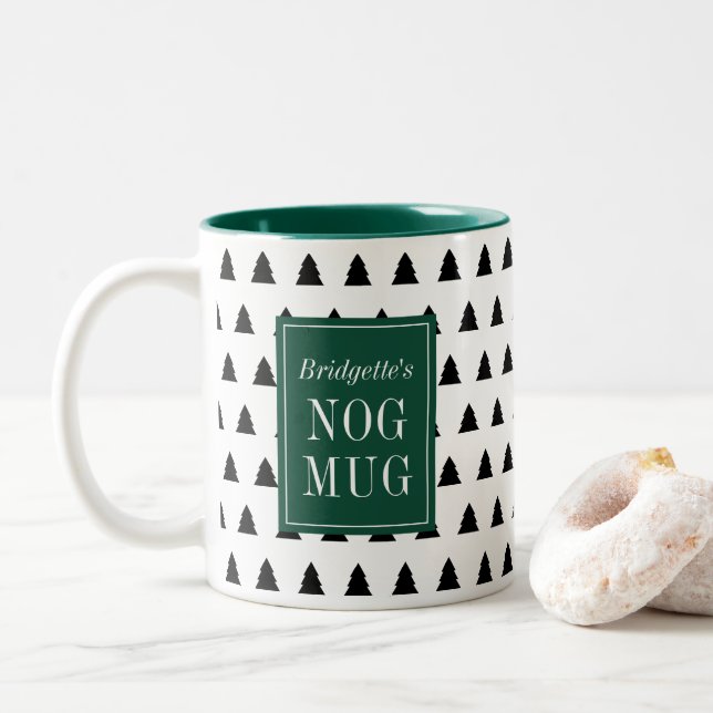 Black Christmas Tree Patterned Personalized Two-Tone Coffee Mug (With Donut)