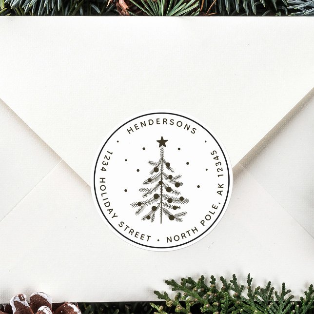 Black Christmas Tree Return Address Classic Round Sticker (Creator Uploaded)