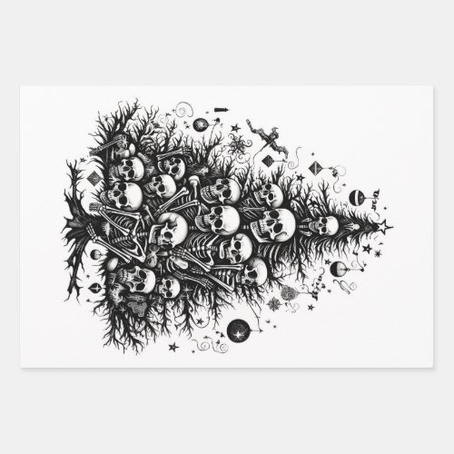Black Christmas tree Skulls and bones 3 arts Wrapping Paper Sheets