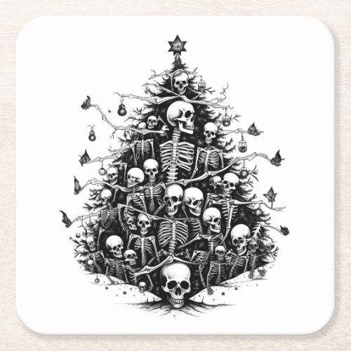 Black Christmas tree Skulls and bones  Square Paper Coaster