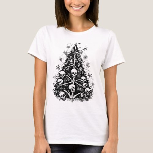 Black Christmas tree Skulls and bones  T_Shirt