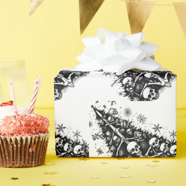 Black Christmas tree Skulls and bones Wrapping Paper (Birthday Party)