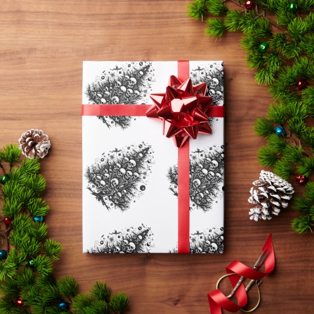 Black Christmas tree Skulls and bones Wrapping Paper (Holiday Gift)
