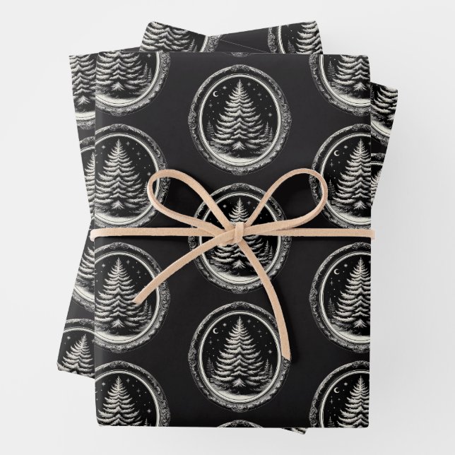 Black Christmas Tree Vintage Wrapping Paper Sheets (In situ)