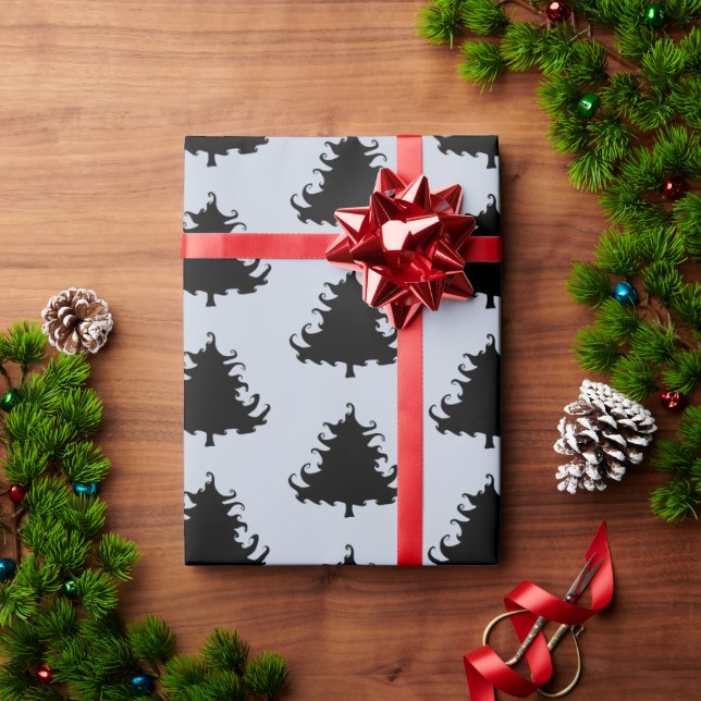 Black Christmas Trees Pattern Gray Wrapping Paper (Holiday Gift)