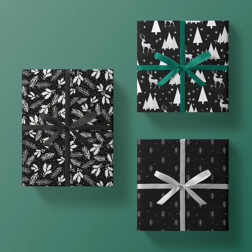 Black Christmas Wrapping Paper Flat Sheet Set of 3