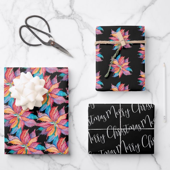 Black Christmas Wrapping Paper Poinsettia (Front)