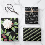 Black Christmas Wrapping Paper Unique Watercolor<br><div class="desc">This elegant black Christmas wrapping paper features a unique botanical pattern with watercolor red berries, festive greenery, and modern "Merry Christmas" typography, accented with green and white stripes. It's a stylish yet playful choice for all your Christmas 2024 gift wrapping needs. Explore more designs like this at www.zazzle.com/dotellabelle. Featuring original...</div>