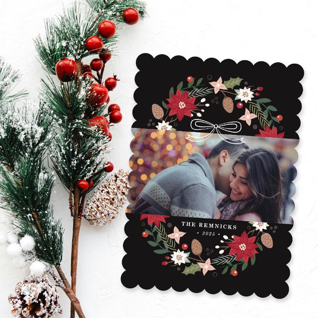 Black Christmas Wreath Floral Holiday Photo Card (Creator Uploaded)