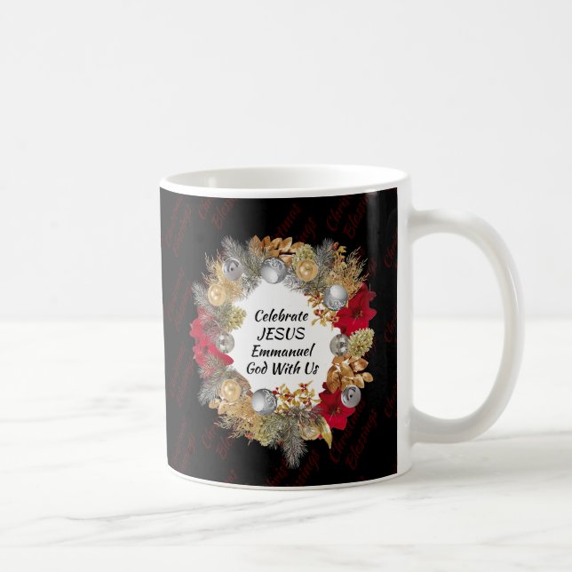 Black Christmas Wreath JESUS Monogram Coffee Mug (Right)