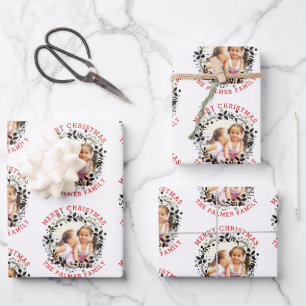 Black Christmas wreath, red Merry Christmas photo Wrapping Paper Sheets
