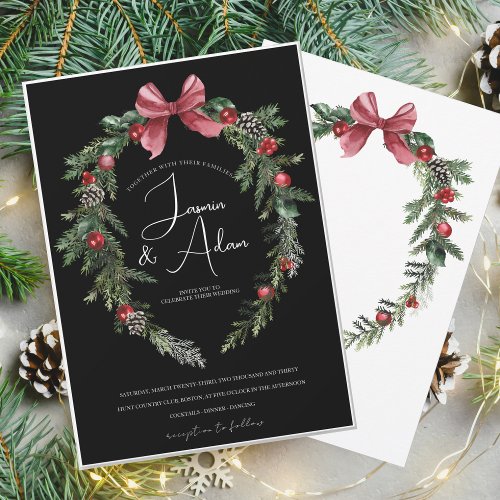 Black Christmas Wreath Red Winter Festive Wedding Invitation