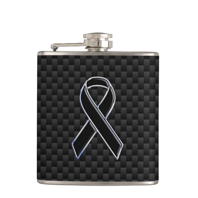 Black Chrome Style Ribbon Awareness Carbon Fiber Hip Flask (Front)