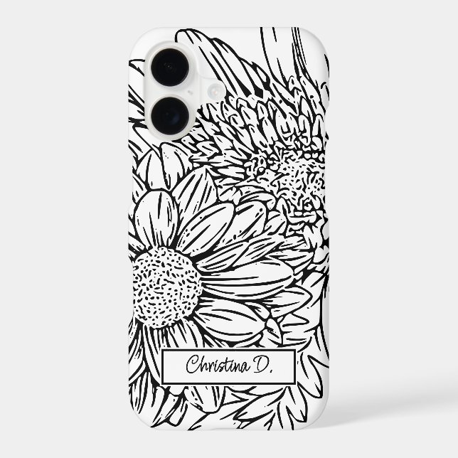 Black Chrysanthemums Line Drawing with Name iPhone Case (Back)