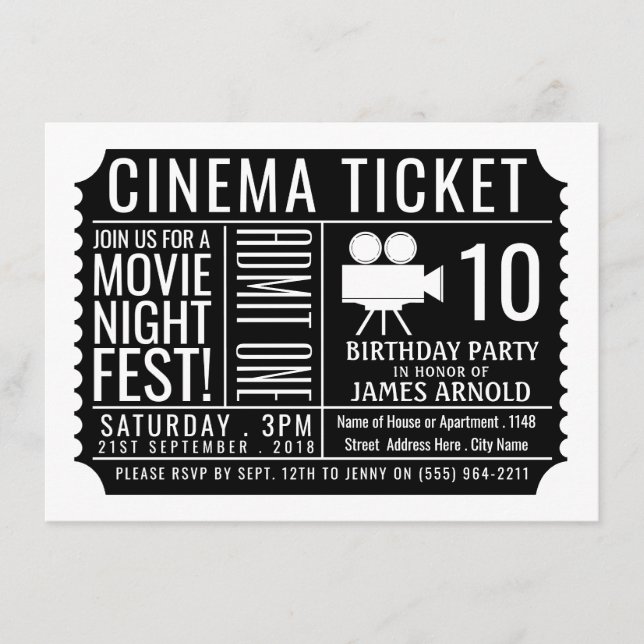 Black Cinema Ticket, Kid's Birthday Party Ticket Enclosure Card (Front)