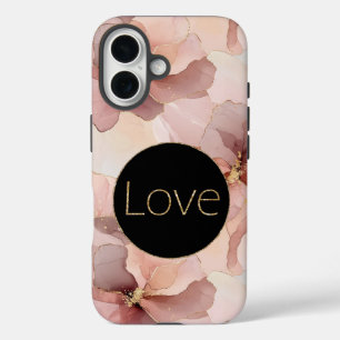 Black Circle Blush Pink Floral Gold Glitter Love iPhone 16 Case