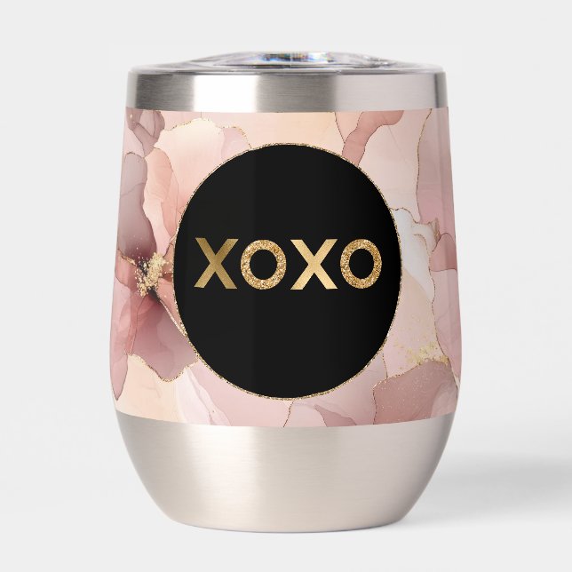 Black Circle Blush Pink Floral Gold Glitter XOXO Thermal Wine Tumbler (Front)
