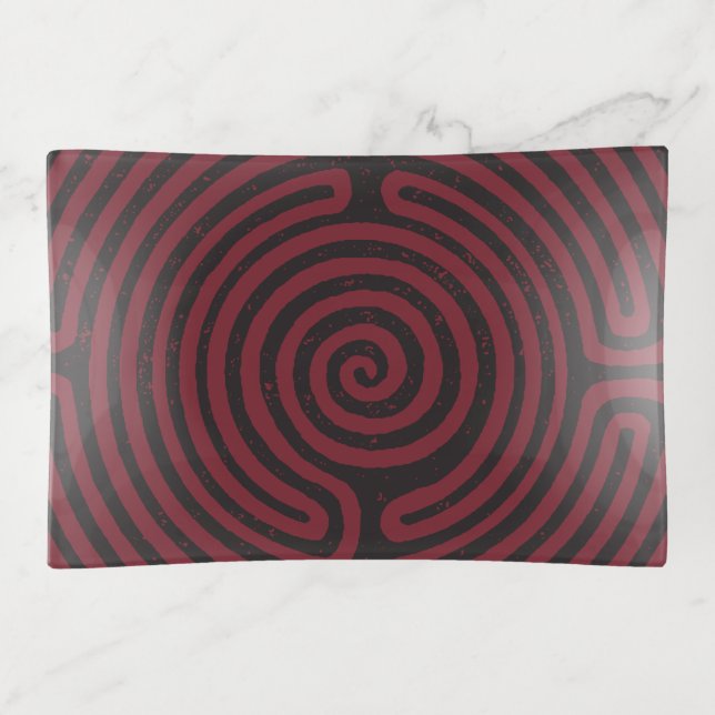 Black Circle Labyrinth (Maroon) Fine Art Trinket Tray (Front)