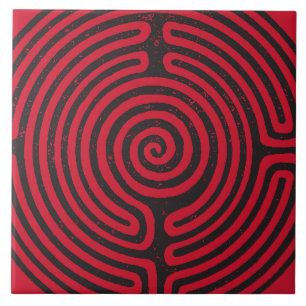 Black Circle Labyrinth (Red) Fine Art Ceramic Tile