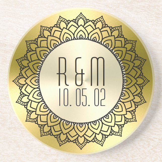 Black Circle Mandala & Metallic Gold Sandstone Coaster (Front)