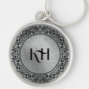 Black Circle Mandala on Iridescent Gray Texture Keychain