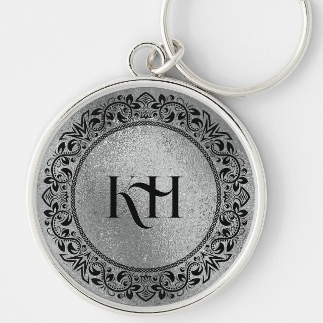 Black Circle Mandala on Iridescent Gray Texture Keychain (Front)