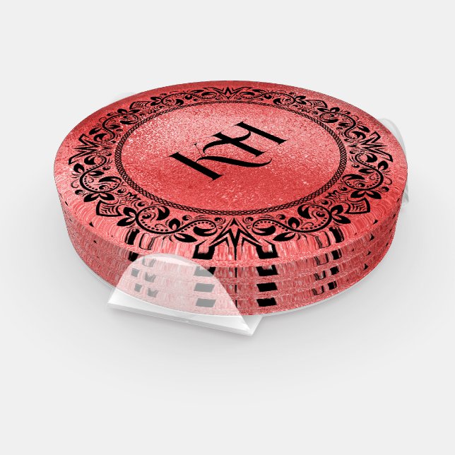 Black Circle Mandala on Red Iridescent Texture Coaster Set (Set)