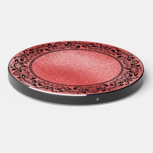 Black Circle Mandala on Red Iridescent Texture Wireless Charger