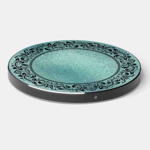 Black Circle Mandala Turquoise Iridescent Texture Wireless Charger