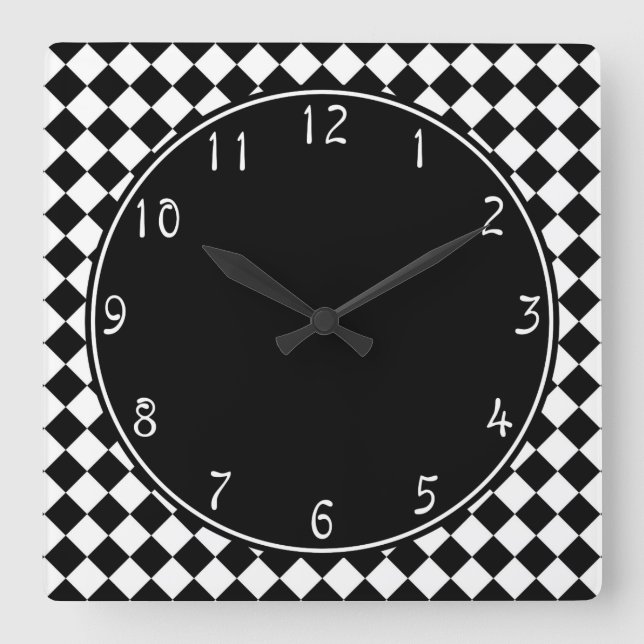 black circle on white checkerboard pattern square wall clock (Front)