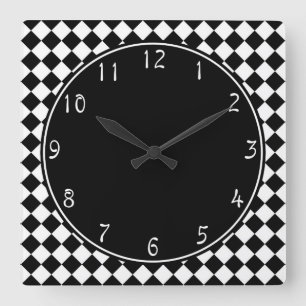 black circle on white checkerboard pattern square wall clock