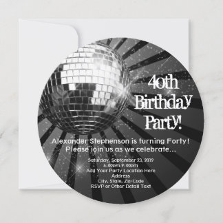 Black Circle Round Disco Ball 40th Birthday Party Invitation