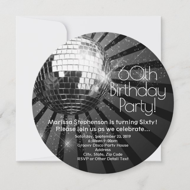 Black Circle Round Disco Ball 60th Birthday Party Invitation (Front)