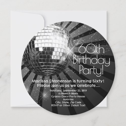 Black Circle Round Disco Ball 60th Birthday Party Invitation
