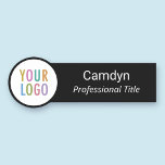 Black Circle Shaped Custom Business Logo Employee Name Tag<br><div class="desc">Personalize our professional unique circle shaped name tag with your company logo, employee name, job title, or other custom text. It's available with a magnetic back fastener (do not use with pacemakers) or with a safety pin back. It's a lightweight name tag with a large width. Designed in black and...</div>