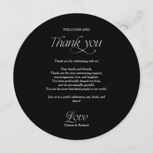 Black Circle Wedding Menu and Thank You Place Card