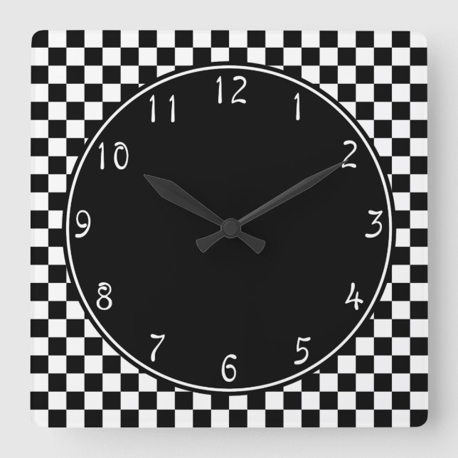Black circle White Checkerboard pattern Square Wall Clock (Front)