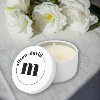 Black circle with names and monogram white wedding mini candle favors