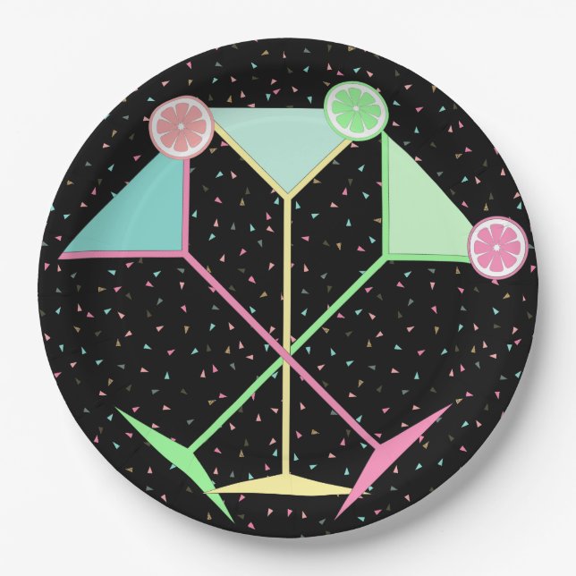 Black Citrus Martini Cocktail Confetti Party Paper Plates (Front)