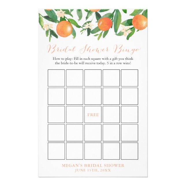 Black Citrus Oranges Bridal Shower Bingo Game Flyer (Front)
