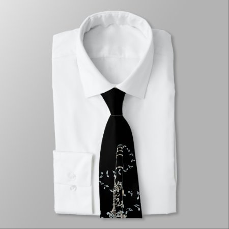 Black Clarinet And Silver Music Notes Tie