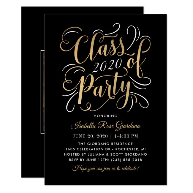 Black Class of 2020 | Gold Script Graduation Party Invitation