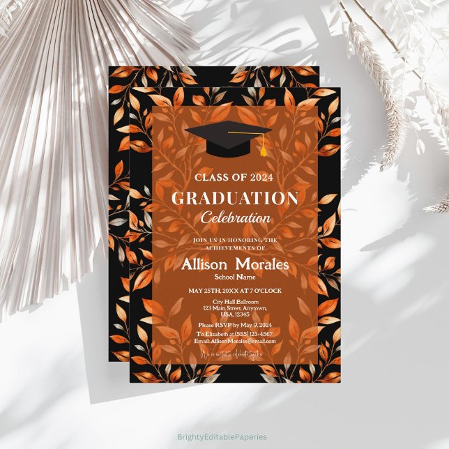 Black Class of 2024 Graduation Terracotta Leaves Invitation (Creator Uploaded)