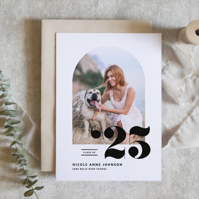 Black Class of 2025 Arch Photo Graduation Announcement (Customizable boho graduation announcement featuring arch photo frame. Available in other colors. )