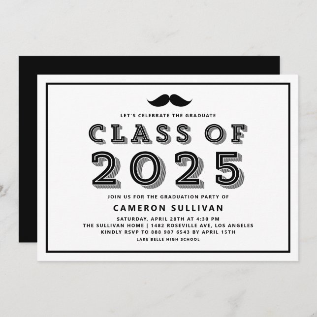 Black Class of 2025 Mustache Retro Graduation Invitation (Front/Back)